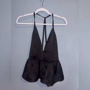 Silky Black Halter Peplum Top – Date Night or Cocktail Look